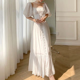 Elegant White Dress For Women Square Collar Puff Sleeve High Waist Solid Loose Midi Dresses Female Clothing