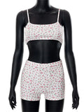Women's 2 Pieces Knitted Outfits Set Sleeveless Strap Floral Print Cropped Tank Tops High Waist Short Sets Streetwear-Outfit