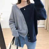 Style Female Irregular Spliced Skew Collar Sweaters Fashion All-match Contrasting Colors Button Loose Knitted