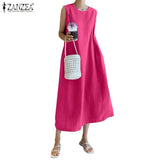 Sleeveless A Line Robe Beach Casual Loose Vestidos 2021 Summer Cotton Linen Tank Dresses ZANZEA Fashion Solid Maxi