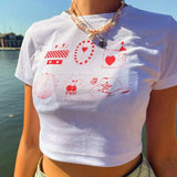 White Cute O-Neck Short Sleeves Printed Short Crop