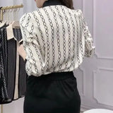 Lady Striped Chain Printed Blouse Casual Single-breasted Spring Autumn Long Sleeve Female Clothing Lapel Spliced