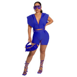 Solid Hooded Zip Tie Two Piece Shorts