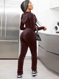 Casual Velvet Zipper Stacked Long Sleeve Top And Pant 2 Piece