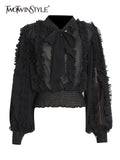 Black Casual Fold Pleated Shirt For Women Round Neck Long Sleeve Patchwork Bowknow High Waist Shirts Female