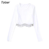 Women Fashion O Neck Black White Color Knitting Short Blouse Female Hem Diamond Tassel Slim Shirt Chic Blusas Tops
