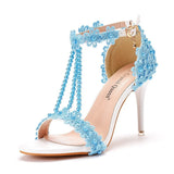 party Sandals Women White Lace Flowers Bridal Pearl Heel 9cm Fine High Heels Thin Bridal Pumps Wedding
