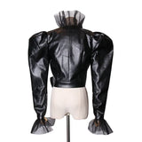 Patchwork Mesh PU Leather Women's Jackets V Neck Puff Long Sleeve High Waist Slim Bow Coat Female 2020 Fashion