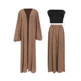 Loose Minimalist Three Piece Set For Women Slim Vest Lantern Long Sleeve Coat Wide Leg Pants Casual Sets Female