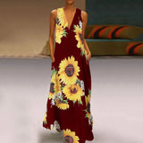 Station New Popular Style Lady's Bohemian Printed Sunflower Dress V-Collar Sleeveless Pocket Summer Dress-Outfit
