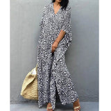 Women's Dress Fashion Beach Vacation Leopard Printed Robe Summer New Casual Elegant Loose V-Neck Split Floor-length