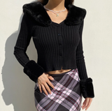 SUCHCUTE 2023 Streetwear Fashion Woman Cardigan Sweaters With Fur Trim Collar Korean Style Casual Female Cropped Sweater Knitted 319-1-Outfit
