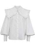 Big Peter Pan Collar Ruffle Womens Blouse Long Sleeve White Cotton Casual Tops Female Spring Summer Frill Shirt