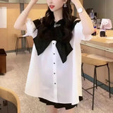 Fashion Off Shoulder Bow Shirt Summer Short Sleeve Female Clothing Single-breasted Korean Round Neck Patchwork