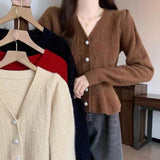 Sweater Women's 2024 Spring New French Lotus Leaf Hem Bubble Sleeve Blouse V Collar Knitted Sweater-Outfit