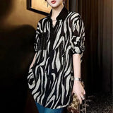 Turn-down Collar Zebra Blouse Spring Autumn Commute Single-breasted Women's Clothing Chic Diamonds Commute Loose