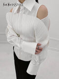Straight White Cut Out Shirt For Women Lapel Long Sleeve Solid Casual Button Through Blouse Female Fashion