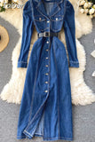Vintage Blue Denim Dress Women Autumn Lapel Collar Full Sleeve Single breasted Korean Work OL Jeans Long Maxi