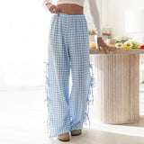 Women's Y2K Wide-Leg Long Pants Plaid/Stripe Print Side Tie-Up Hollowed Out Aesthetic Loose Trousers Casual Bottoms-Outfit