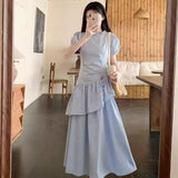 Blue Short-Sleeved Dress Women's Summer 2025 New Small Folding Thin Temperament Cake