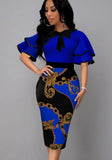 Printed Vintage Bow Short Sleeves Cascading Ruffle Pencil Midi