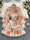 Casual Print Patchwork Dress For Women Stand Collar Lantern Long Sleeve Lace Up Slim High Waist Mini Dress