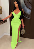 Sexy V-neck Sleeveless Solid Silt Asymmetrical Evening