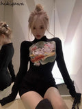 Tshirts Crop Tops Print Long Sleeve Tunic Tees Half High Collar Casual Chic Y2k T Shirt 2023 Ropa Mujer Shirts for Women-Outfit
