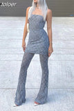 Y2k Sexy 2 Piece Set Print Mesh Sheer Tube Top and Flare Pants Matching Sets 2023 Nightclub Outfit for Women