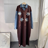 2025 New Cowboy Splicing Knitted Two-Piece Collar Dress Flower Nails Decorated Long Dress