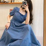 Sleeve Dress Women Summer Solid Pleated Square Collar Mid-calf Elegant Korean Simple Leisure Loose Preppy Womens A-line