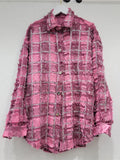 Women's Denim Shirt Loose Patchwork Burrs Edge Distressed Checkered Single Breasted Diamond Blouse 2024 Summer New Fashion-Outfit