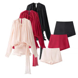 Folding Ribbon Design Loose Waist Mini Dress Shorts Set 2025 Spring And Summer Street Fashion