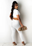 Sexy Stand Collar Short Sleeves Crop Top Solid Two Piece Pants