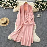 Simple Style Solid Knitted Light Sister Suit Girl Winter Body-Clamping T-Shirt Dress With Long Open Shirt