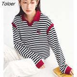 Women Sweatshirts 2023 Spring Long Sleeve V Neck Loose Hoodie Black and White Stripes Embroidery Casual Chic