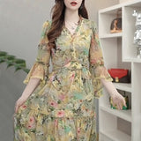 V-Neck Broken Flowers Dresses Summer Vintage Butterfly Sleeve Female Clothing Fashion Ruffles Spliced A-Line Long