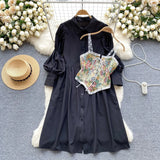 Autumn Light French Court Bubble Sleeves Single Breasted Shirt Dress + Sling Printed Vest Two-Piece Set-Outfit