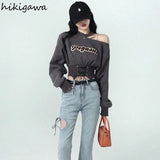 Women Streetwear Fashion Tops Korean Clothes for Teens Long Sleeve Off Shoulder Bandage Pullovers Goth Y2k Sweatshirt-Outfit
