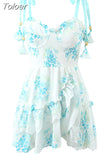 Sexy Mini Dress 2023 New Chic Slim Beach Vacation Embroidered Straps Beaded Print Ruffle Short Strap Dress