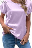 Summer Tops Woman Short Sleeve Silk Blouse Loose Casual O-Neck Solid Shirts Fashion Satin Clothing Elegant