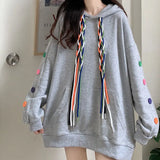 Deeptown Y2k Black Hoodie Women Rainbow Color Rope Sweatshirt Korean Style 2021 Oversize Long Sleeve Pullover Hip Hop Tops