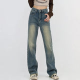 Retro Blue Washed Bootcut Jeans For Women Y2k Fashion High Waisted Wide Leg Pants Female Bottoms Cotton Denim
