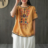 Women's Clothing Vintage Folk Fashion Embroidery Pullovers Commute Loose Spliced All-match O-Neck Summer Short Sleeve T-shirt-Outfit