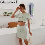 Sexy pink short sleeve set female crop top and shorts 2 piece suits with pocket Office ladies elegant co ord