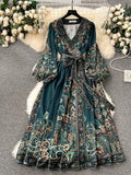 Early Spring New French High-End Style One-Piece Lace-Up Waist Printed Dress Women's Light Extravagant And Elegant Dress-Outfit
