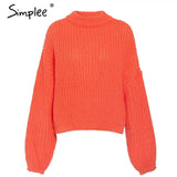Winter lantern sleeve knitted sweater pullover Women loose O-neck solid sweater Female autumn casual sweater jumper
