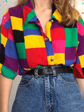 Rainbow Checkered Button Down Blouse-Outfit