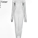 New Diamond Shiny Party Dress Women Split Long Sleeve Maxi Bodycon Dress Sexy See-Through Fishnet Club Dress