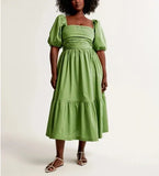 Elegant Plus Size V-neck Puff Sleeve Ruffled Midi